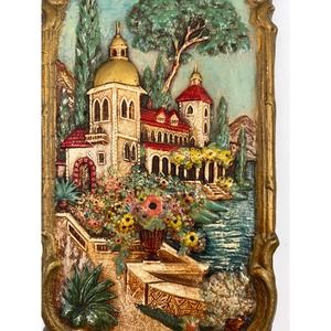 Vintage Decorative Castle Mansion Landscape Hand Painted 3D Wall Art Plaque
